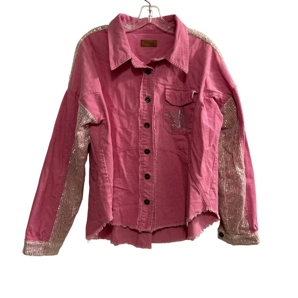 UMGEE Pink Corduroy Sequin Star Denim Jacket Women's Size L